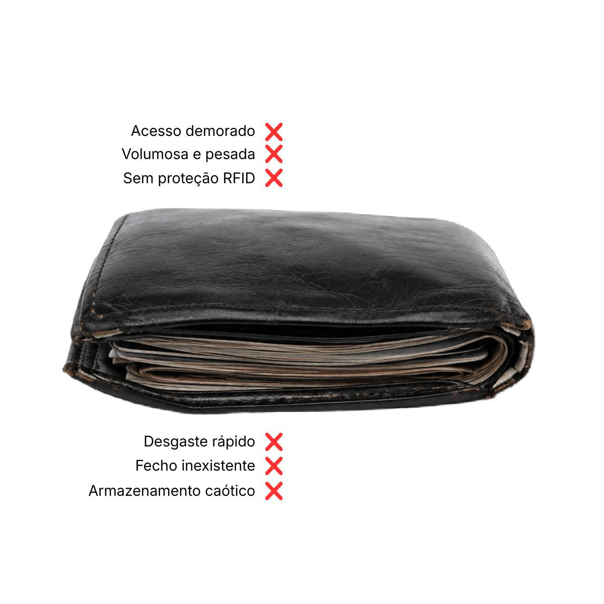 Bolso com carteira tradicional volumosa e desorganizada, antes da Kravella